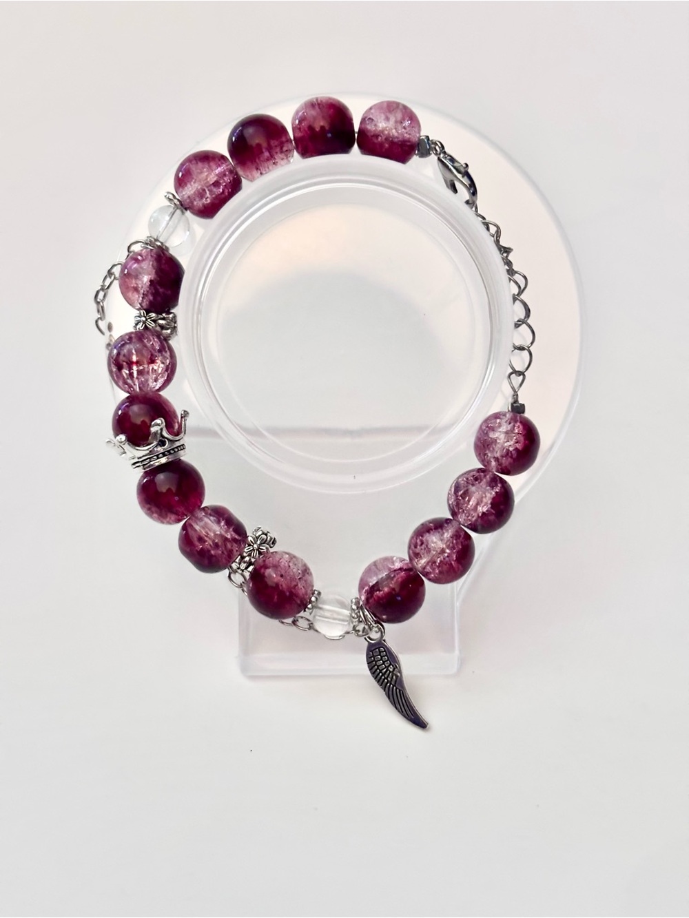 Hand Crafted Red and Pink Beaded Bracelet with Angel Wing Charm